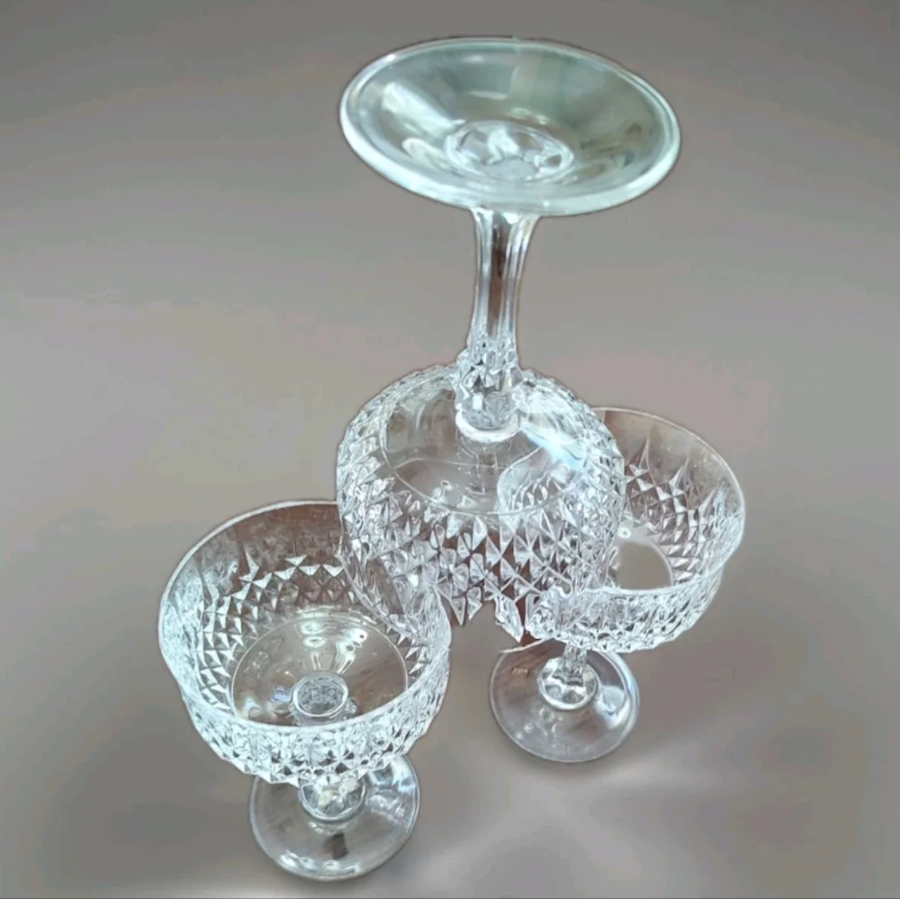 3 Cristal D'Arque Stemmed Diamond Cut Longchamp Sherbet/Parfait/Wine Glasses - Picture 2 of 8